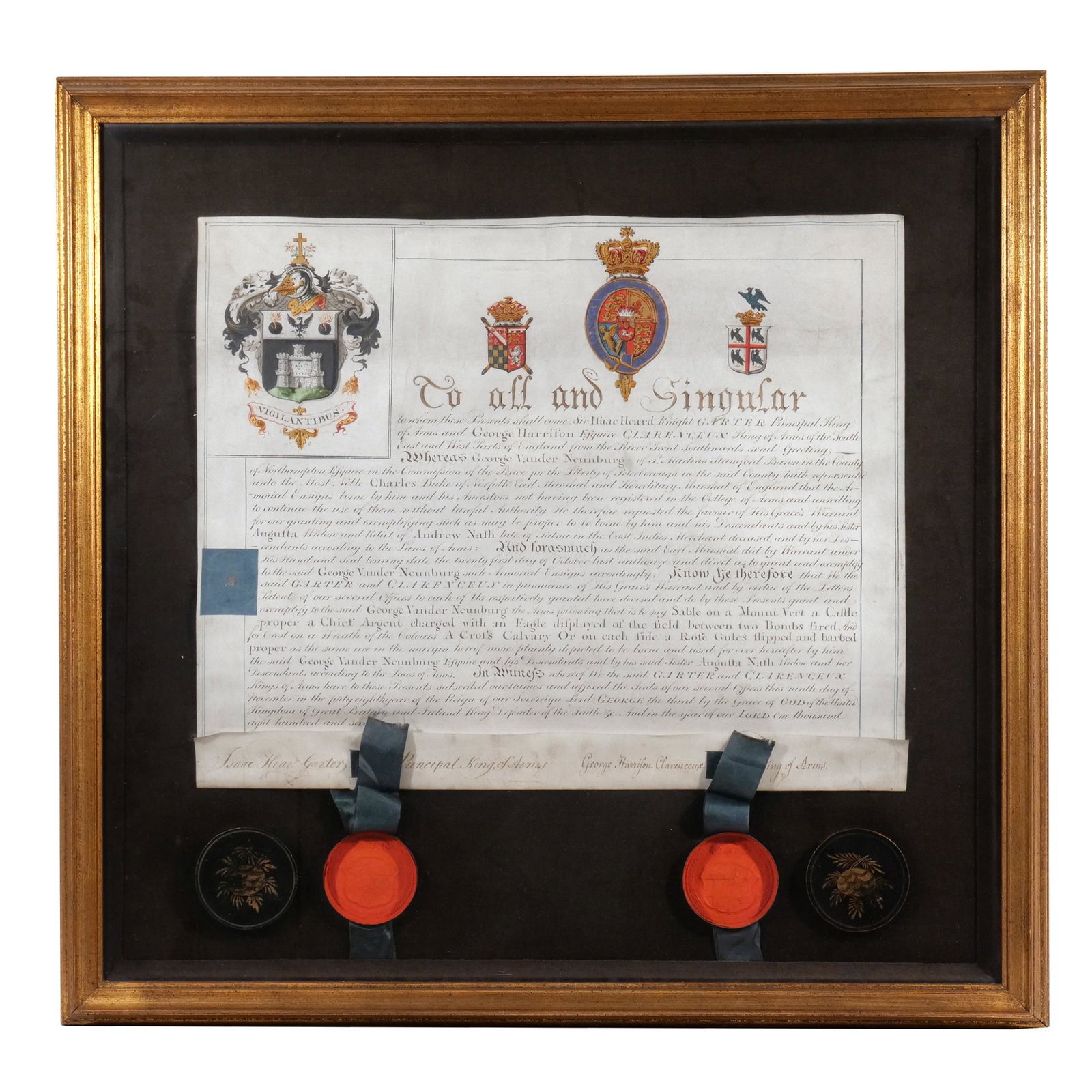 GRANT of ARMS to GEORGE VANDER NEUNBERG: Handwritten and illustrated parchment document to officialize the armorial ensigns used by George vander Neunberg and his descendants, signed and sealed by Ser Isaac Heard Garter Principal King of Arm