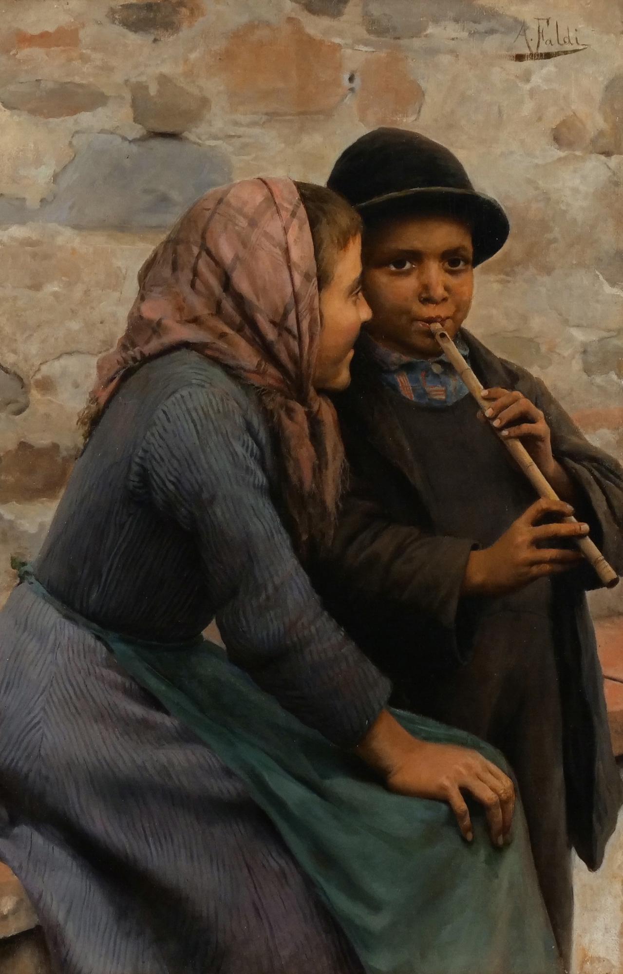 ARTURO FALDI (Italian,1856-1911): young girl and boy playing a pipe Oil on canvas Signed upper right h. 27-1/4 w. 17 in. (sight) overall: 29 x 20 in. (frame)