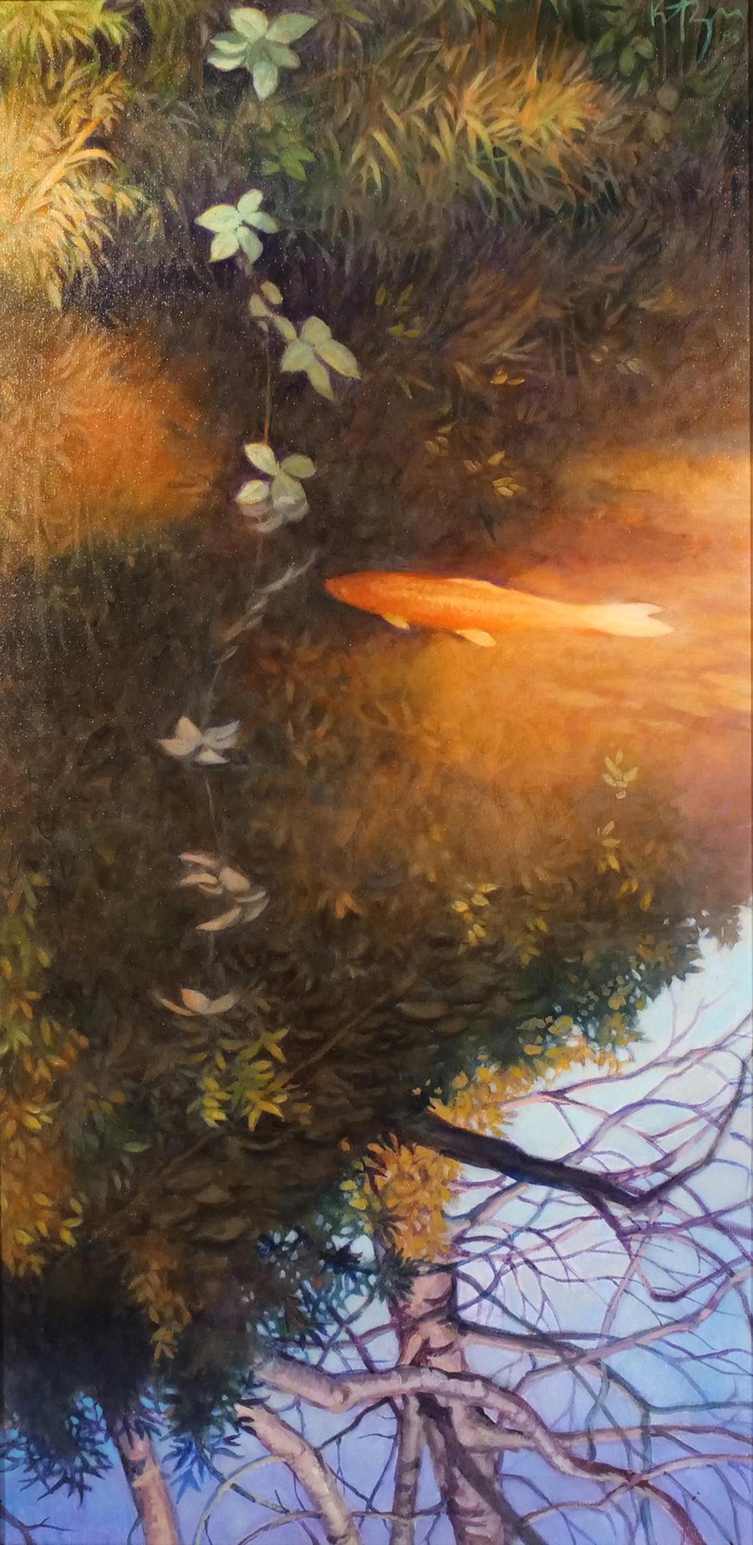 DAVID MARTIN KREITZER (American, b. 1942): Sunspot Koi Oil on canvas Signed with initials and dated 83 upper right also, sgd. & titled on over flap h. 48 w. 24 in. overall: 51 x 27 in. (frame) Provenance: Descent through a Greenwich, CT. estat
