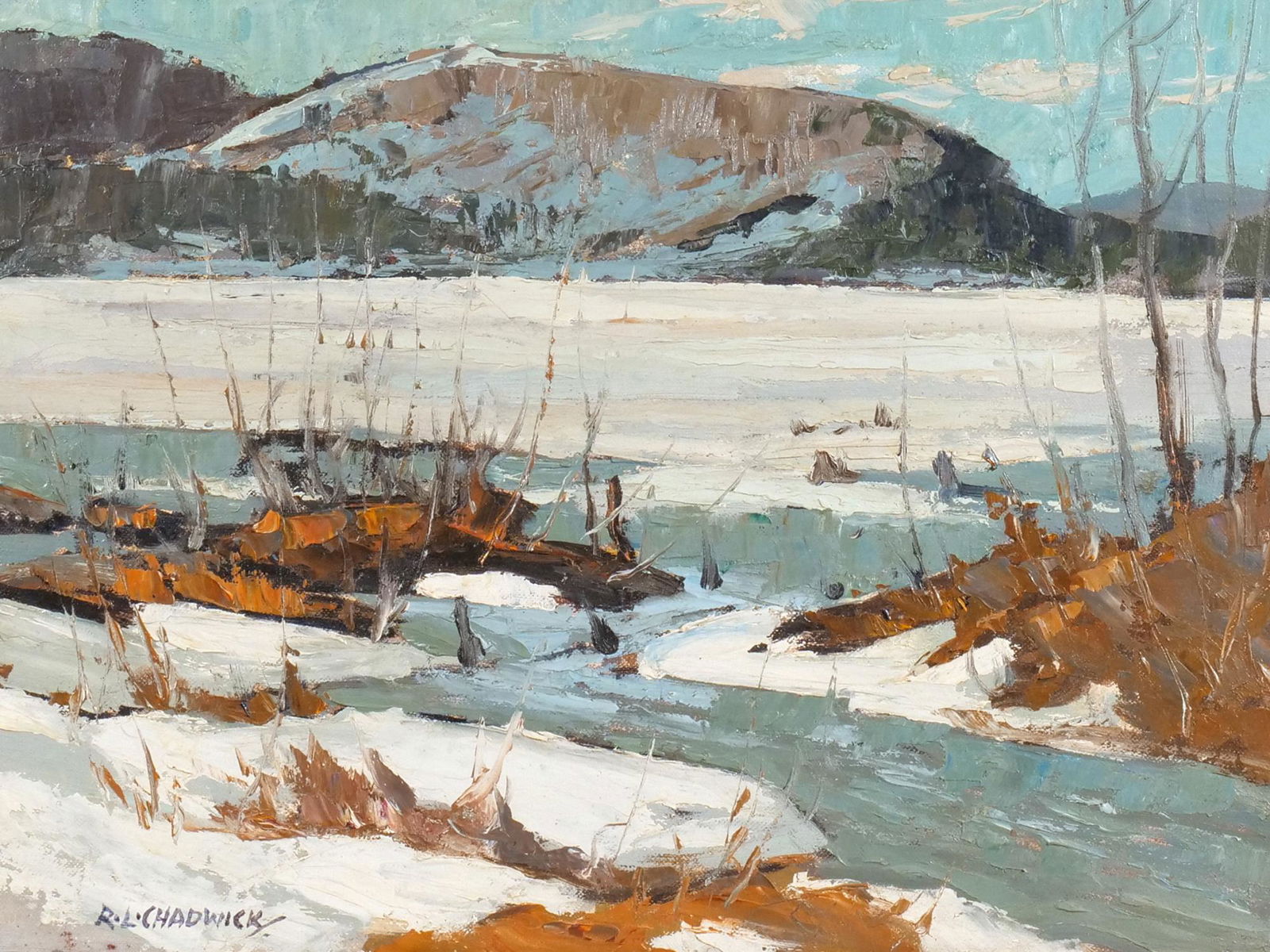 ROBERT LEE CHADWICK (American, 1905-1971): Winter landscape Oil on board Signed lower left h. 12 w. 16 in. overall: 17-1/2 x 21-1/2 in. (frame) Provenance: Millwood, N.Y. estate