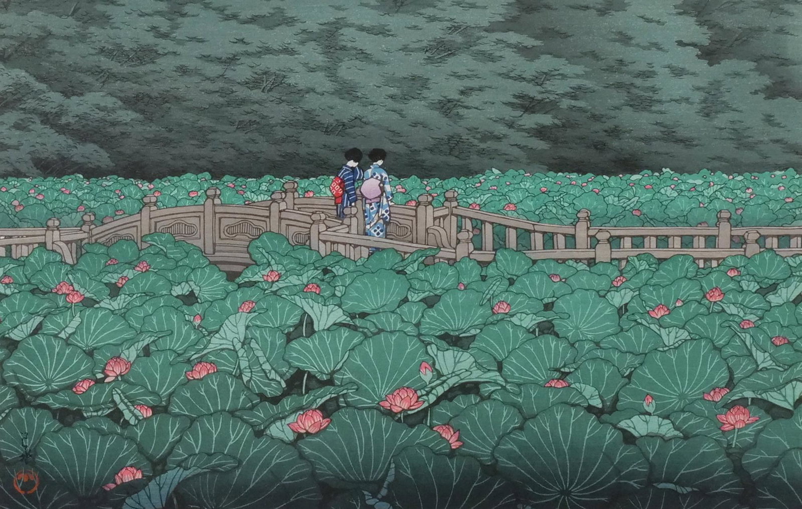 KAWASE HASUI (Japanese, 1883-1957): Shiba Benten Pond, 1929 Color woodblock print A later printing h. 9-1/2 w. 14-1/4 in. (sight) overall: 16-1/2 x 20-3/4 in. (frame) Provenance: Private collection, Greenwich Village, NY [In Situ Item] 