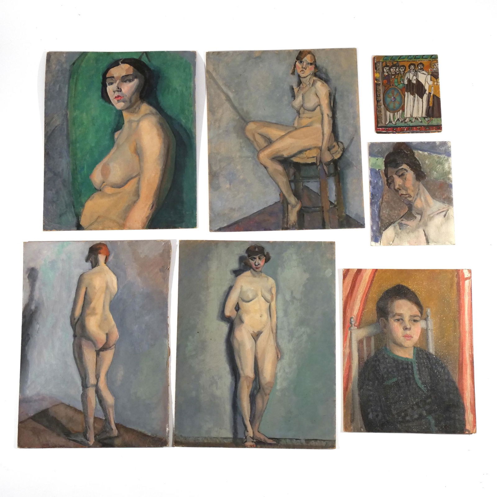 (7pc) JUDITH CHAMBERLAIN (American, 1893-1965): Including medieval people standing (10-1/2 x 8-1/2in). Portrait of a woman, signed Max Webber class on verso. (13-1/2 x 10-1/2in). Portrait of a boy. (20 x 16in). Nude woman sitting and nude woman sta