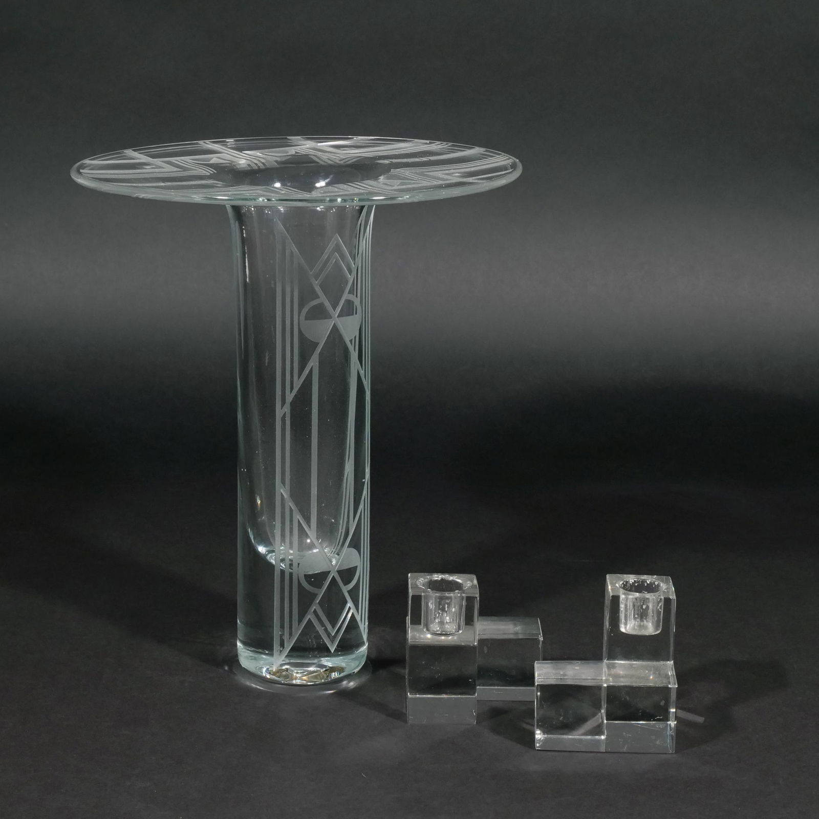 (2pc ) ART DECO ETCHED GLASS VASE & CANDLESTICKS (1 of 9)