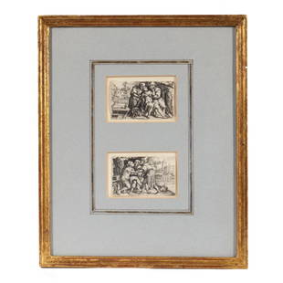 (2pc) GEORG PENCZ (Ca. 1500-1550): Susanna and the Elders (I & II) Etching Two works framed as one, from "Scenes from the Old Testament" overall: 12 x 9-1/2 in. (frame) Both signed on verso "Rechberger 1800," and with old collector's s