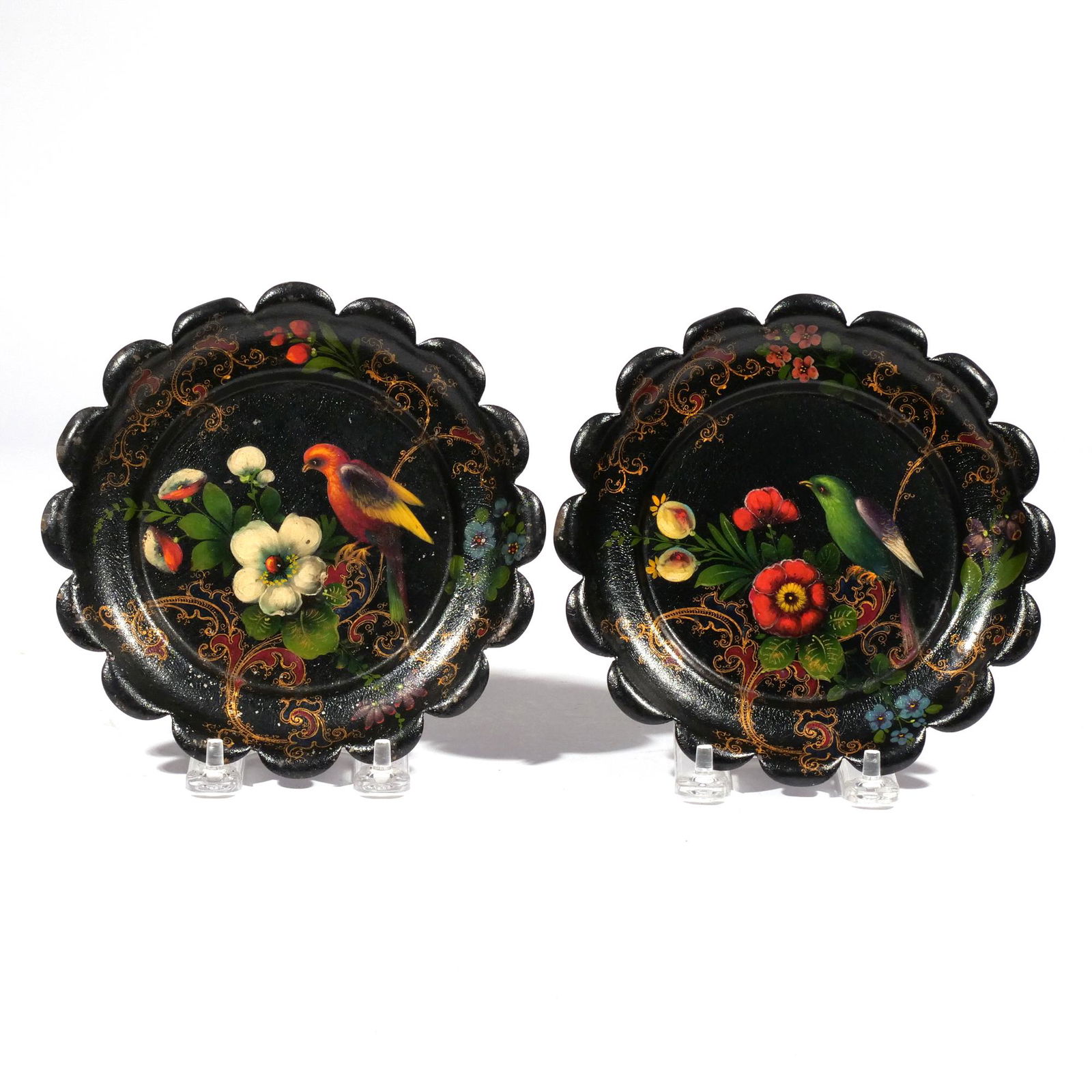 PAIR 19th CENTURY TOLEWARE COASTERS: With scalloped edges, each finely hand painted with birds among flowering branches and scrollwork borders dia. 6-3/4 in. Provenance: Descent through the estate of late Eleanor Boadwee, Greenwich, Ct.