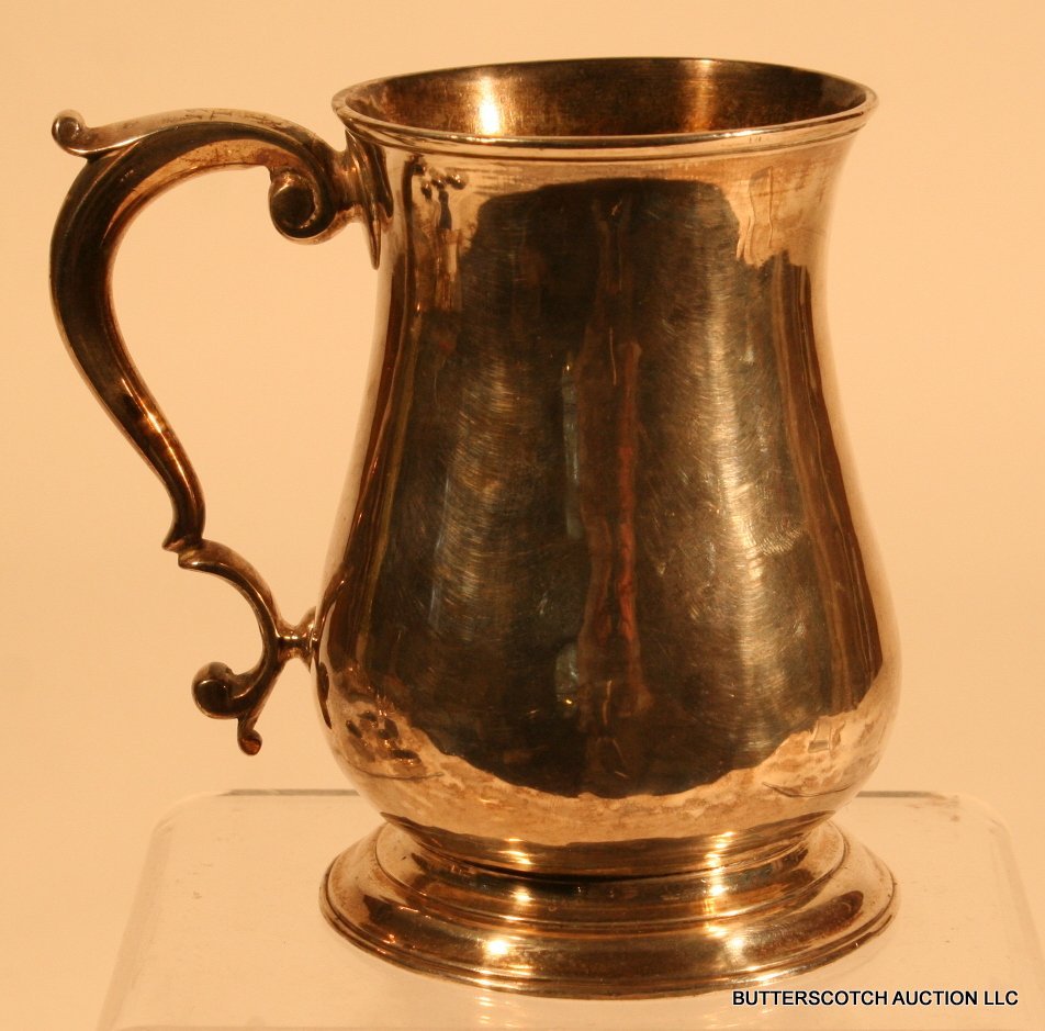 GEO II SILVER CANN, C. 1759,: PEAR -SHAPE W/DBL. C SCROLL HANDLE & CONFORMING STEPPED FOOT, CLEAR HALLMARKS, POSSIBLE BY BENJAMIN WEST, H. 5", APPROX. 10 TOZ