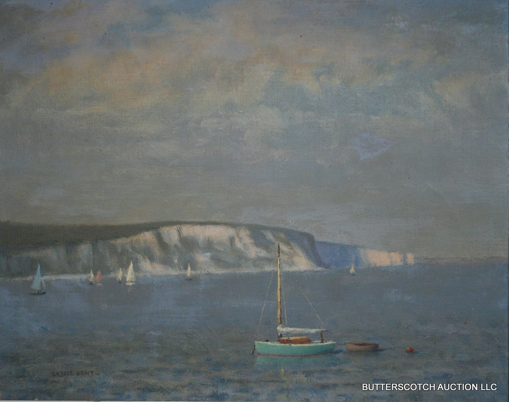 ) LESLIE KENT (BRITISH, 1890-1980 ) SEASCAPE: W/SAILBOATS "BONDS CAY", SGD. L.L., TITLED ON VERSO, 16 X 20"