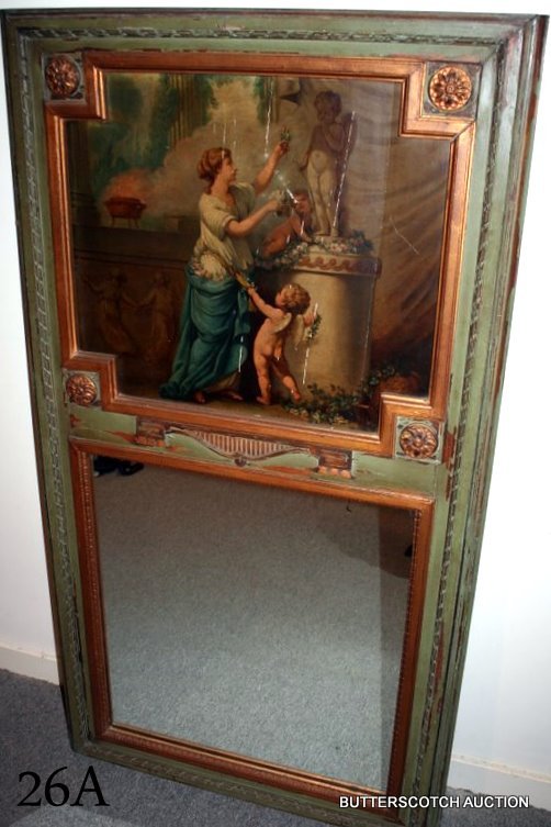 GREEN & GOLD PAINTED TRUMEAU MIRROR, H.55",: W.30" , PAINTED PANEL SHOWING MAIDEN PAYING TRIBUTE TO STATUE OF CUPID, MINOR PAINT LOSS