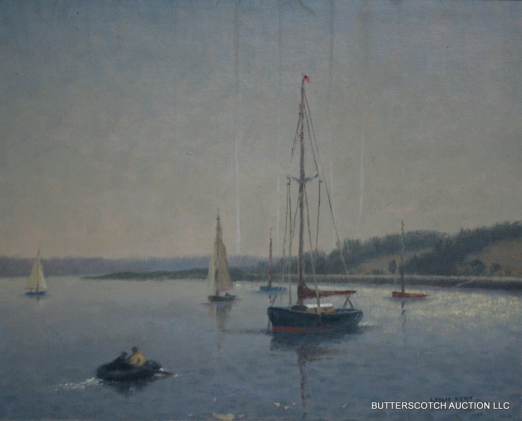 LESLIE KENT (BRITISH, 1890-1980) SEASCAPE: W/SAILBOATS, "QUIET ANCHORAGE", O/C, 16 X 20", SGD. L.L. AND TITLED ON VERSO, SM. AREA OF PAINT LOSS