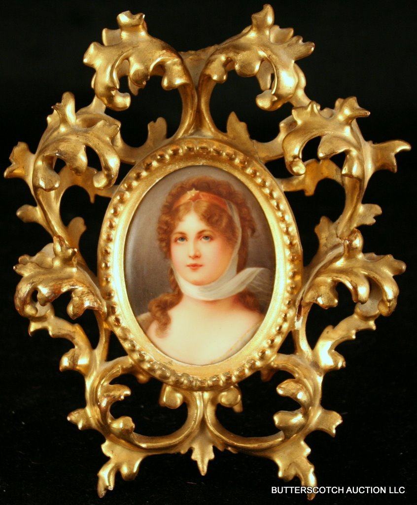 FRAMED OVAL PORCELAIN PLAQUE OF QUEEN LOUISE: OF PRUSSIA, after Gustav Richter (German, 1823-1884), 3 ½" x 2 ¾" (plaque); in an Italianate rococo frame; the frame with some repairs