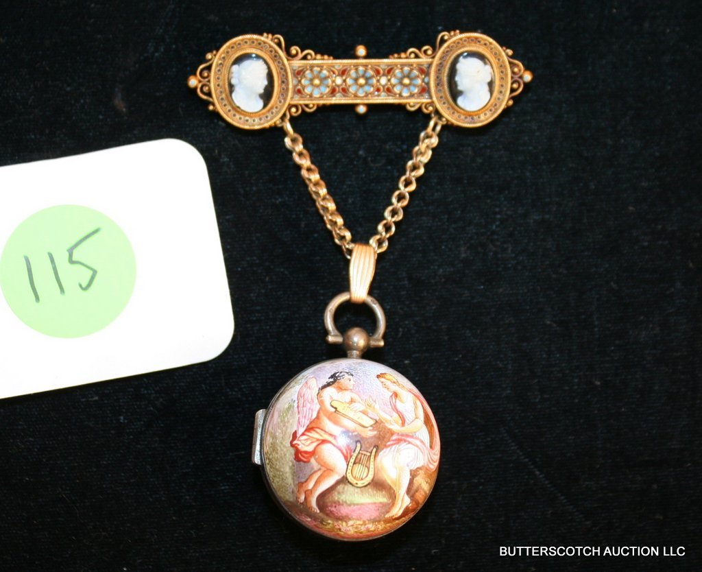 19THC. CLASSICAL BAR PIN W/BALL FORM LOCKET,: LOCKET W/ENAMELED CLASSICAL SCENES, BAR PIN W/ONYX CAMEOS OF CLASSICAL FEMALES W/ ENAMELING SET IN 18KYG, PIN L. 2 ½'