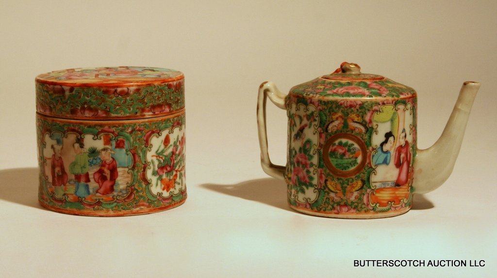 2-PIECE FAMILLE ROSE LOT: TEA POT, H. 3 3/4";: BRUSH POT, H. 3 1/4"