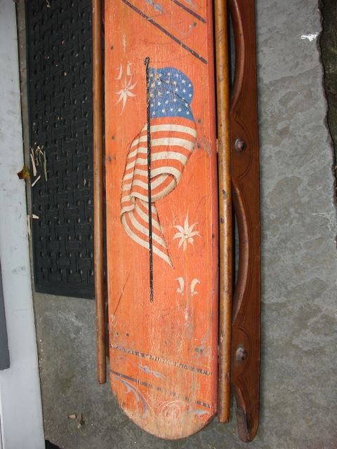 19TH C. CHILD'S SLED W/ AMERICAN FLAG: NICE ORIGINAL RED PAINT W/PATRIOTIC AMERICAN FLAG DESIGN.