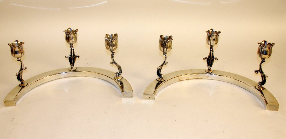 PAIR GEORG JENSEN STERLING SILVER 3: -LITE-CANDELABRA, H. 4",L. 10", TOT. WGT. 22 TOZ, MARKED: GEORG JENSEN, NEW YORK