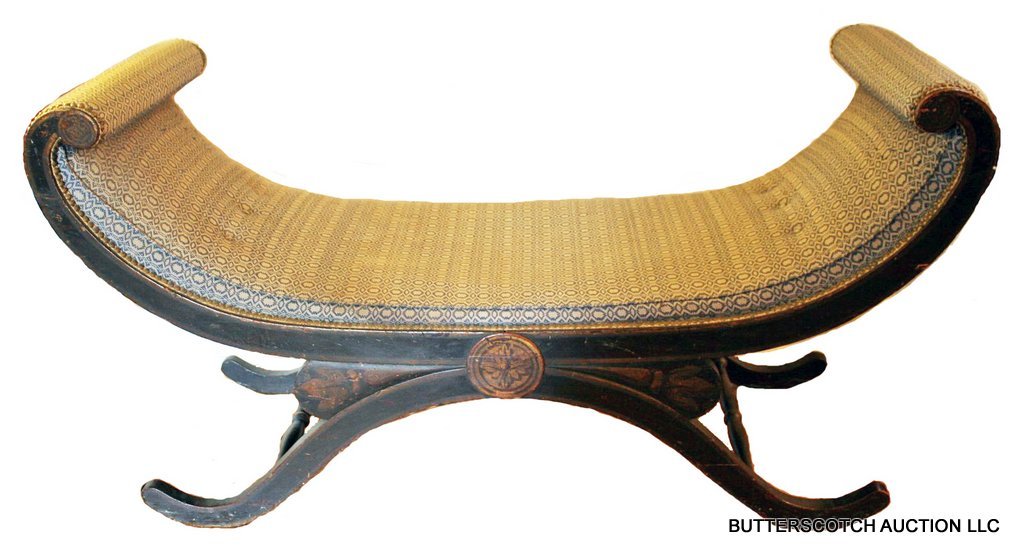 330) 19TH C. GRAIN PAINTED & GILT STENCILING AMERI: NEOCLASSICAL- STYLE SCROLLING WINDOW SEAT; L: 5' H: 31" D: 21"
