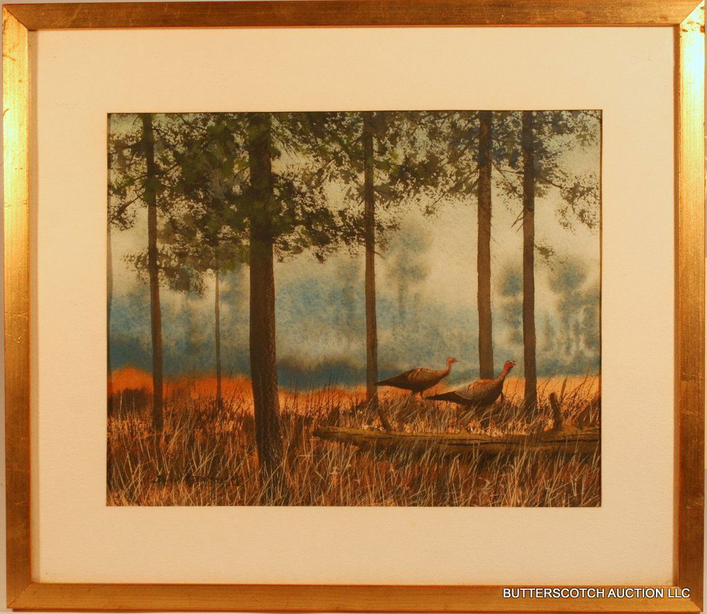 DAVID HAGERBAUMER (AMER. B. 1921--), WATERCOLOR: ON PAPER BOARD, LANDSCAPE WITH TURKEYS, SGD. L.L. & D. 1962, 8 X 10"
