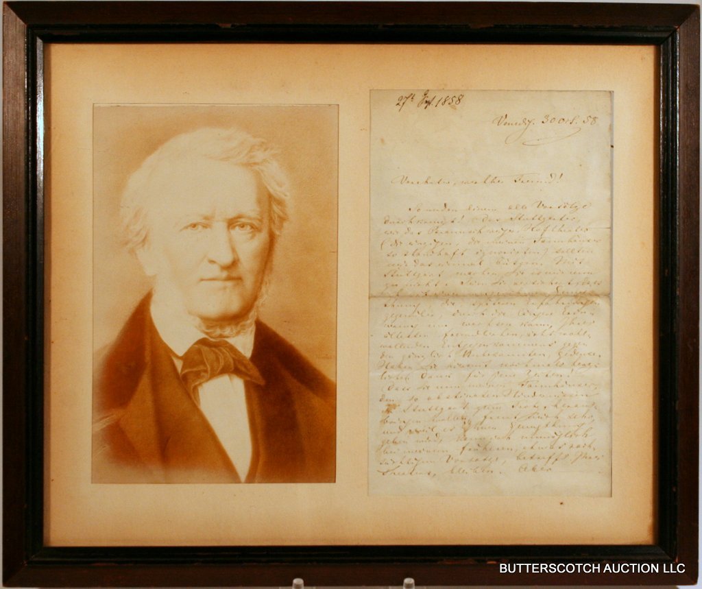 RICHARD WAGNER (1813-83) AUTOGRAPH LETTER: 3PP, 8VO, TO AN UNIDENTIFIED "FRIEND" DISCUSSING HIS STRUGGLE (THEN SUCCESS) IN GETTING TANNHAEUSER PERFORMED. DATED '30 OCT. '58 AND WRITTEN WHILE ON SOJOURN. FOLDED ONCE VERTICALLY, TWICE HORIZONTAL