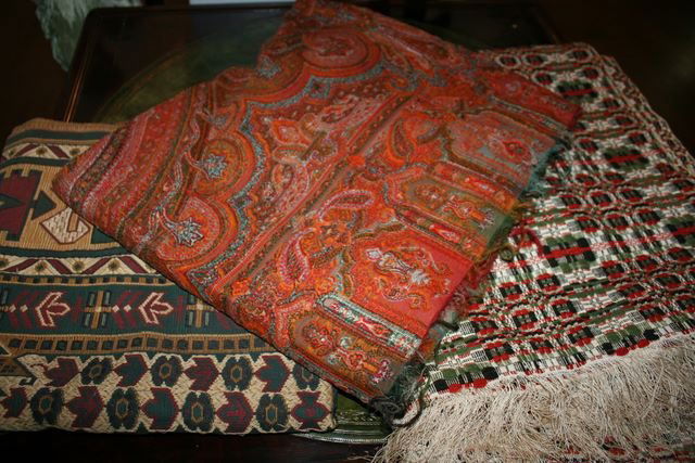 3 TEXTILES - PAISLEY W/REPAIR, ART LOOM: TAPESTRY & BED COVER, ALL MACHINE MADE