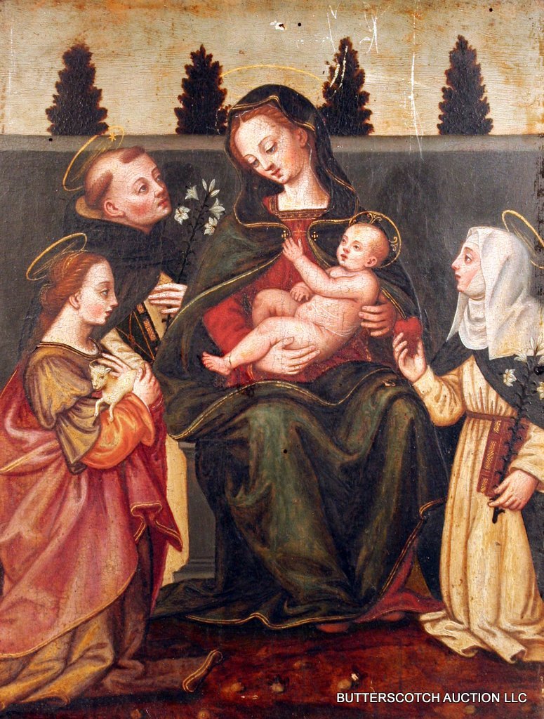 ITALIAN SCHOOL, CIRCA 1800, OIL ON PANEL: AFTER A 15th CENTURY MODEL, MADONNA W/CHILD AND SAINTS KNEELING, IN AN 18C MOLDED WOOD FRAME, 14" X 10 ¾"