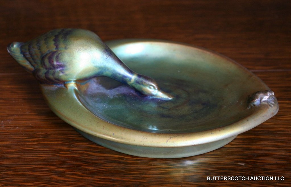 ZSOLNAY ASH TRAY, L: 8 ½"; w/ a small speck: on the frog