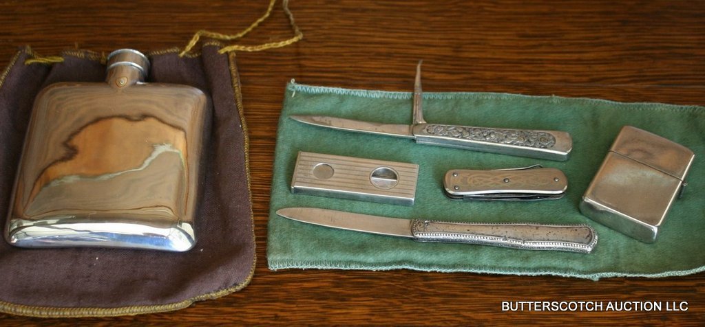 6 PIECE SILVER GROUP: 1 Mexican flask,: 1 lighter, 1 cigar cutter, 3 pocket knives
