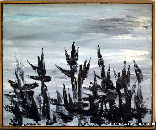 TWO AFROYIM SOSHANA (1927-) PAINTINGS,: INCL.:1 O/C, COMPOSITION, SGD. L.R., 21" X 25 1/2"; PLUS A MIXED MEDIA OF FACES 11 1/2" X 15 1/2"