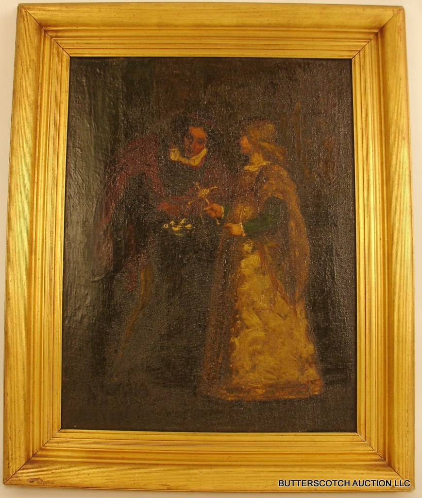 FERDINAND VICTOR LEON ROYBET (FRENCH 1840-: 1920) GENRE SCENE OF MAN & WOMAN IN COURT DRESS HOLDING KNITTING NEEDLES & YARN, O/C 15" X 12", SIGNED L/L, UNTOUCHED COND., HEAVY COAT OF VARNISH