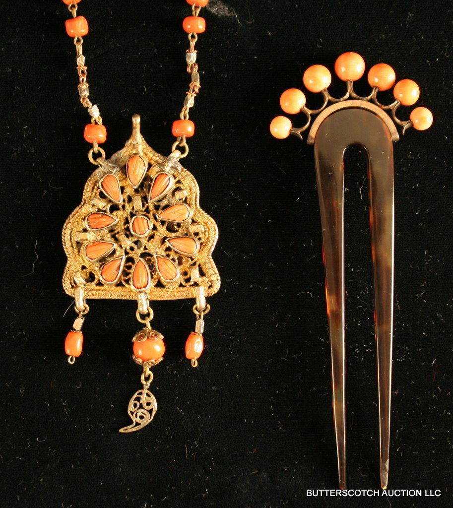 TIBETAN NECKLACE OF CORAL AND GILT SILVER: (L: 30" TOTAL) PLUS A TORTOISE SHELL AND CORAL HAIR PIN (4 ½")- ONE PRONG W/ SLICE ALONG EDGE