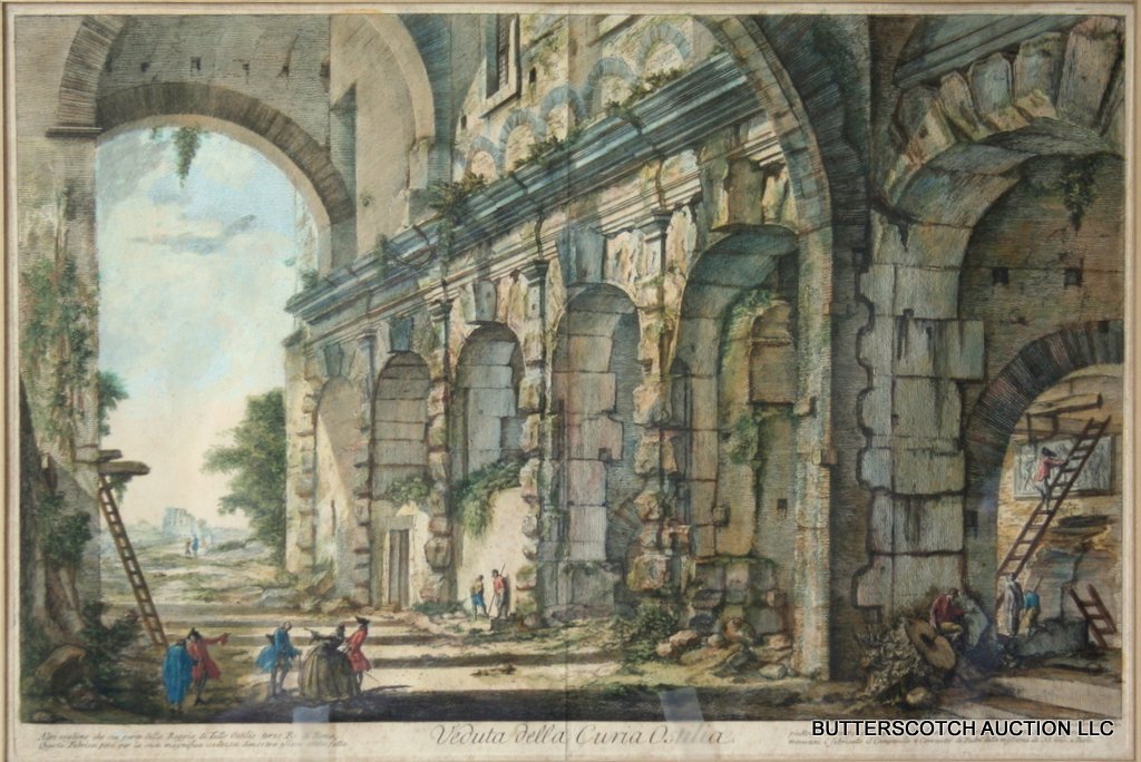 581) 18TH C. COLOURED ENGRAVING AFTER PIRANESI,: 15 ¾ X 23 ¾" (PLATEMARK)