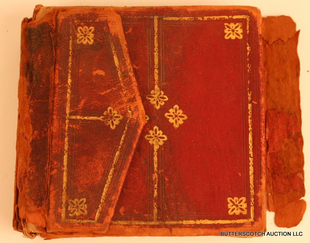 ANTIQUE ILLUMINATED ISLAMIC BOOK,: W/ILLUMINATED PAGES, HAND WRITTEN, COND.: WORN LEATHER BINDING, 4 ½ X 4 ½"