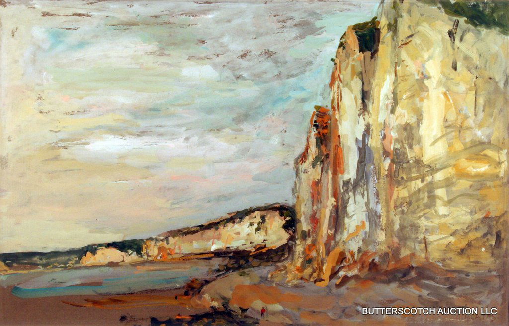 ARBIT BLATAS (LITHUANIAN, 1908-1999) MIXED MEDIA,: WATERY MOUNTAINOUS LANDSCAPE, 13 ½ X 21", SGD. L.R., & 1964