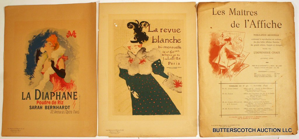 672): TOULOUSE-LAUTREC, LA REVUE BLANCHE,: AITRE DE L'FFICHE, PL. 82, LITHOGRAPH IN COLOUR , 1897, PRINTED BY CHAIX, 15 3/4 x 11 1/2 i", . (40 x 29 cm.), SM. HOLE UPPER RGT.; CHERET"S LA DIAPHANE, COLOUR PLATE FROM LES MAITRES DE L'AFFICHE, PL