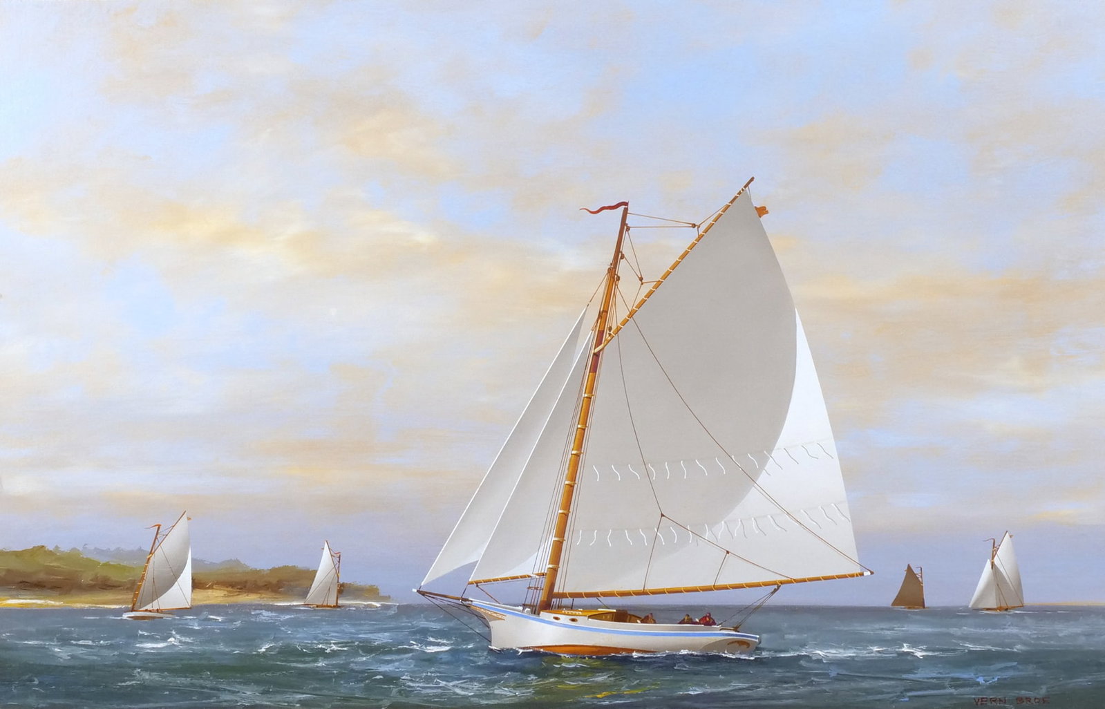 VERNON BROE (American, 1930-2011): Sailboats at sea Oil on board h. 18 w. 28 in. Signed lower right, framed overall: 23 x 33 in. (frame) Provenance: Private collection, Cross River, NY