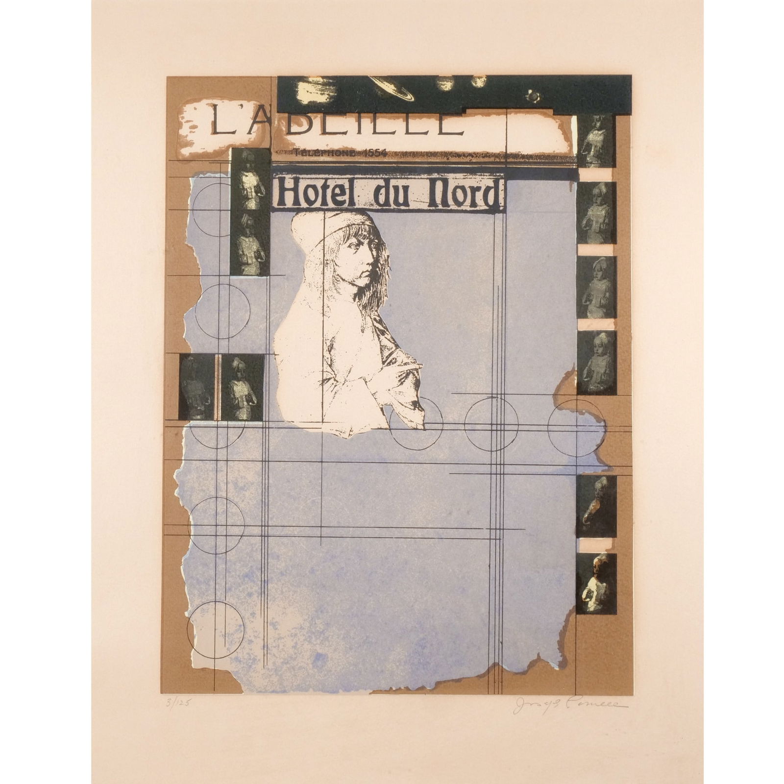 JOSEPH CORNELL (1903-1972): Hotel du Nord Color screenprint h. 19 w. 15 in. (sight) Ed. 3/125, pencil signed, dated 1972 overall: 31 x 25 in. (frame) Provenance: From the private collection of a Waccabuc, NY gentleman