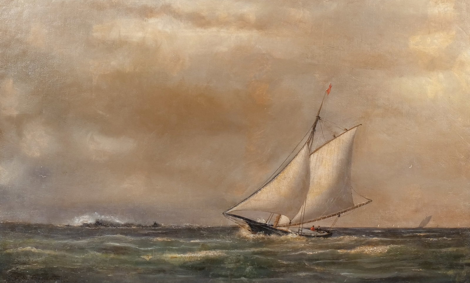 SAMUEL GREEN WHEELER BENJAMIN ( Amer., 1837-1914): A Fresh Breeze Oil on canvas h. 16 w. 26 in. Signed lower left, c. 1880 overall: 18-3/4 x 29-1/4 in. (frame) Provenance: Descent through the consignor's family [In Situ Item] This item will not be on