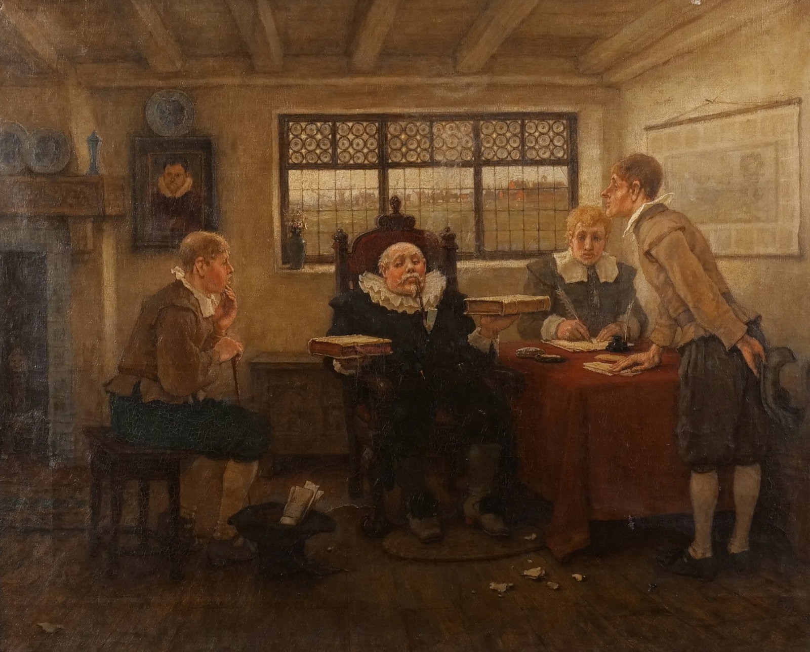GEORGE H. BOUGHTON (American, 1833-1905): Wouter Van Twiller's Court New Amsterdam Oil on canvas h. 24-1/4 w. 30 in. Backed with board, signed with initials "GHB" lower right overall: 29 x 34-3/4 in. (frame) Provenance: Descended through the 