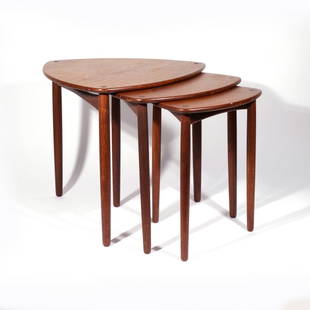 (3pc) WILLY BECK NESTING TABLES: A set of three Willy Beck Danish mid-century modern nesting tables, having curved triangular tops with exposed dowels on three straight peg legs; one table underside label marked "Snedkermester WILLY