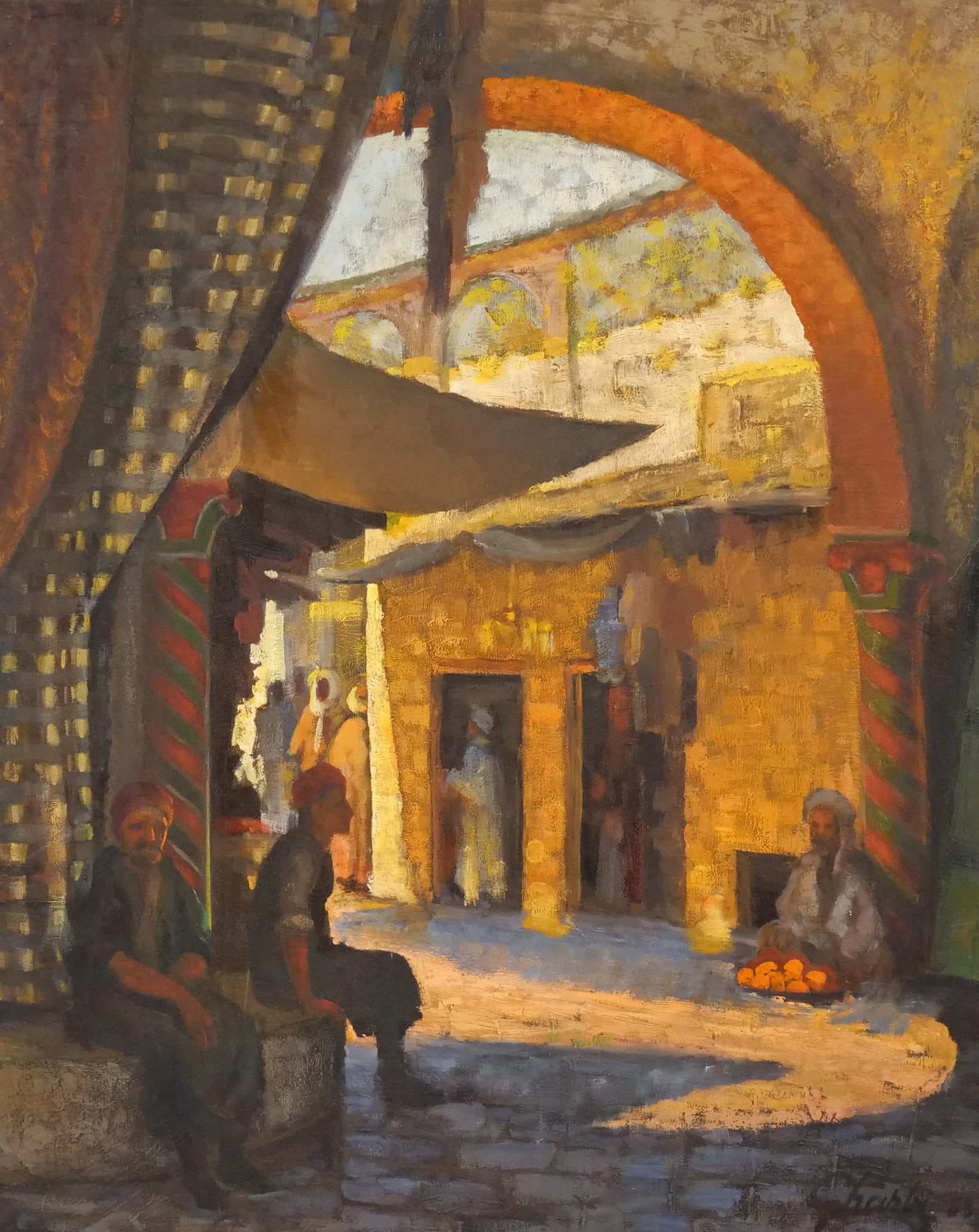 JALAL GHARBI (Tunisian/ American, 1920-2005): Merchants at The Bazaar Oil on canvas h. 30 w. 24 in., stretcher Signed lower right overall: 40 x 34 in., frame Provenance: Items from The Estate of Isobel Riddoch Gharbi, Manhattan, NY Jalal Gharbi (