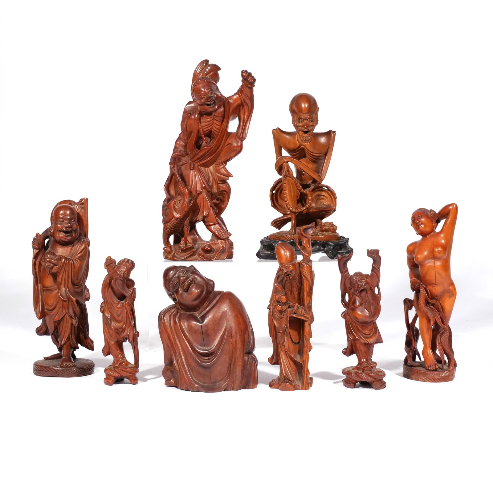 (8pc) CHINESE FIGURAL GODS BOXWOOD CARVINGS: 20th century and earlier, several signed "CHINA" h. 9 in. (largest) Provenance: From the estate of a Bedford NY Gentleman [In Situ Item] This item will not be on display in our saleroom during our pre