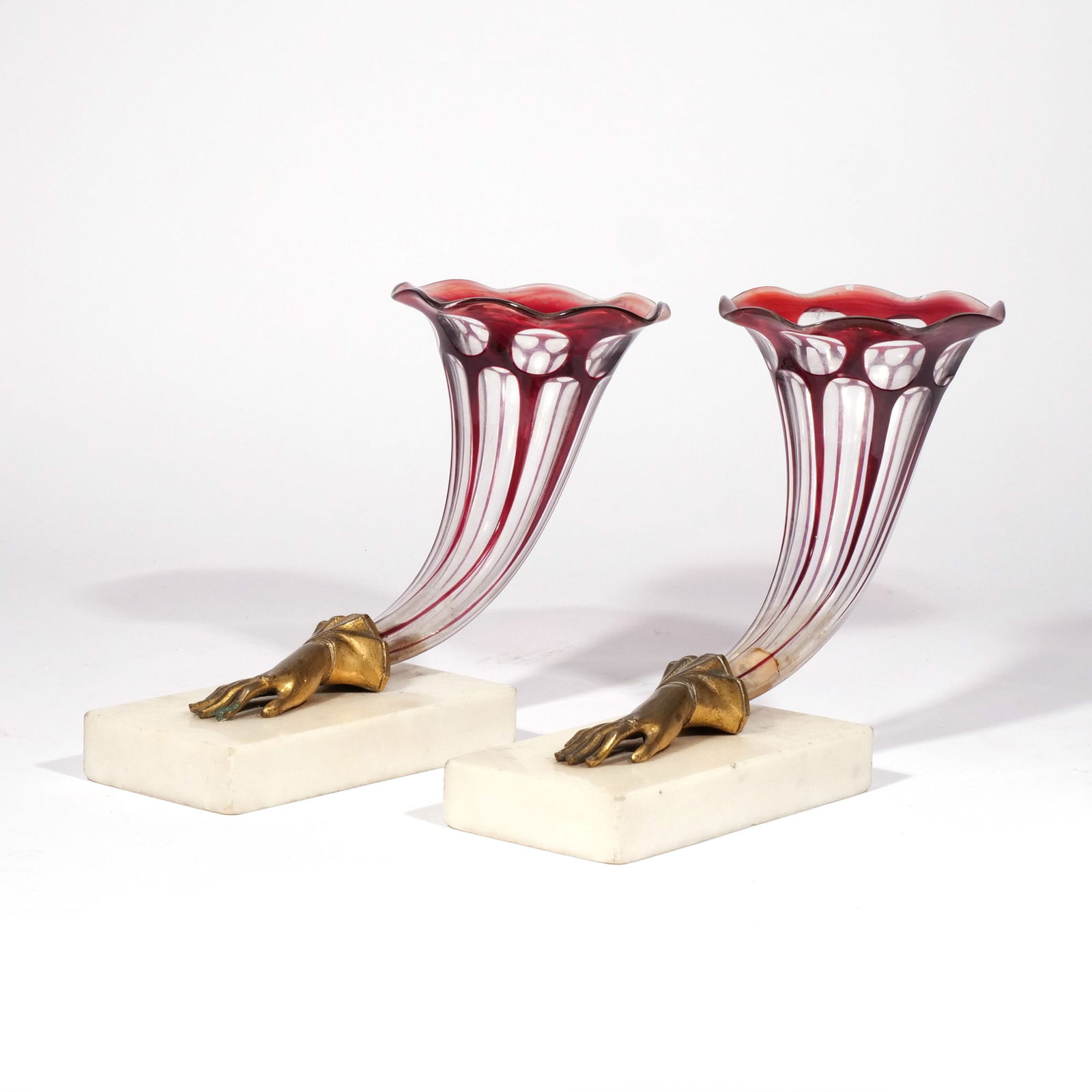 PAIR CORNUCOPIA RUBY CUT TO CLEAR VASES (1 of 11)