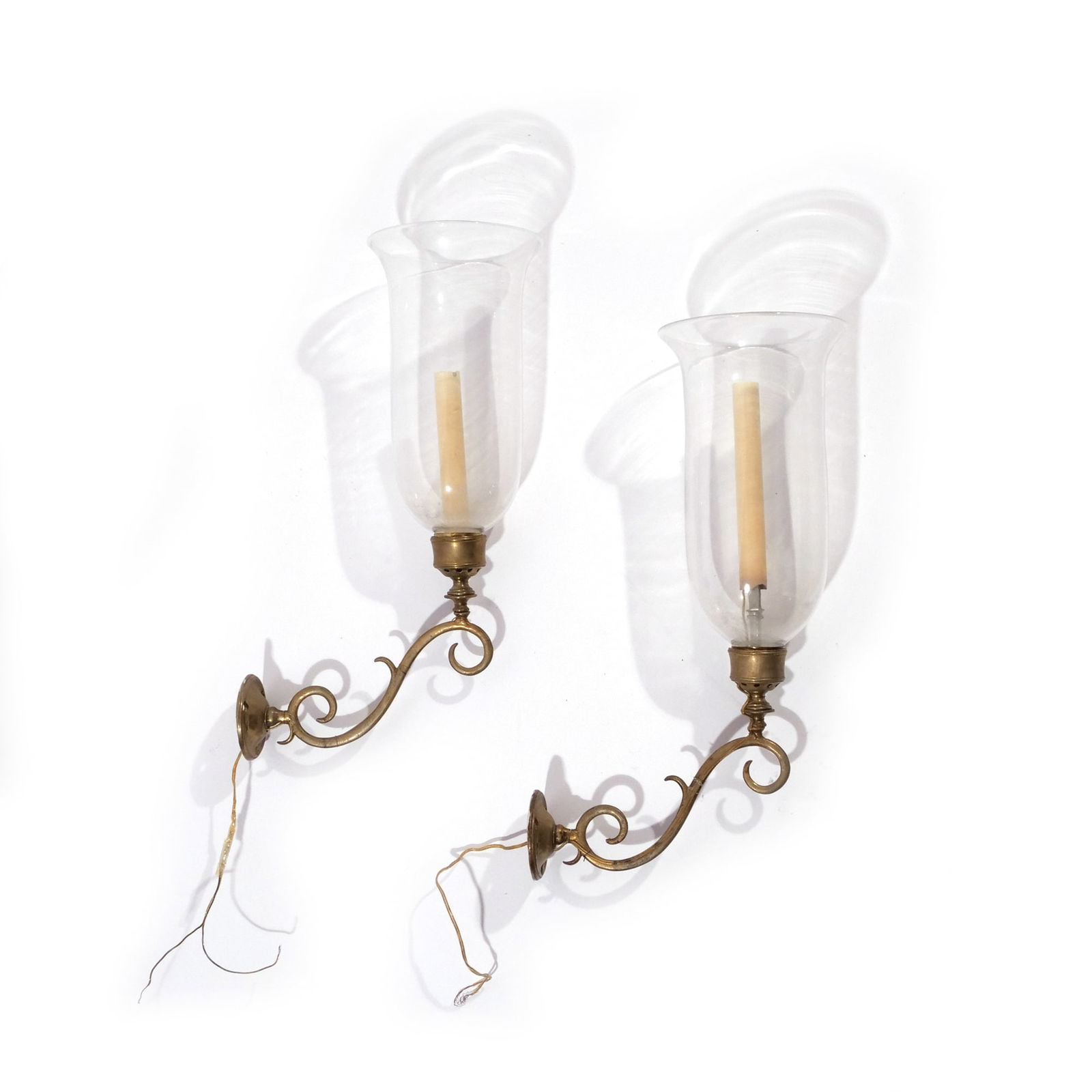 PAIR ANTIQUE BRASS & GLASS SCONCES (1 of 10)