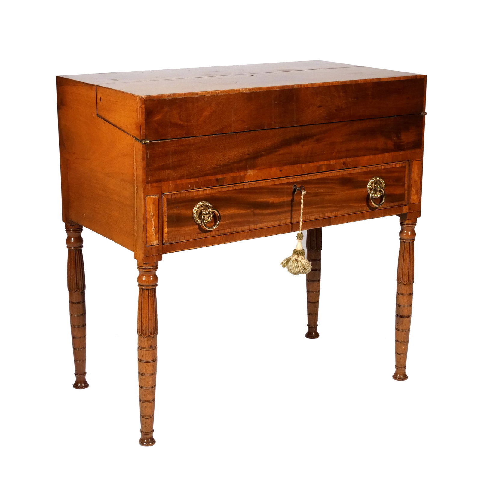INLAID MAHOGANY FLIP-TOP LADY'S WRITING DESK: 19th century, of rectangular shape with turned legs, felt-lined interior writing surface h. 31-1/2 w. 31 d. 17-1/2 in. Provenance: Descent through a Bronxville, NY estate [In Situ Item] This item will