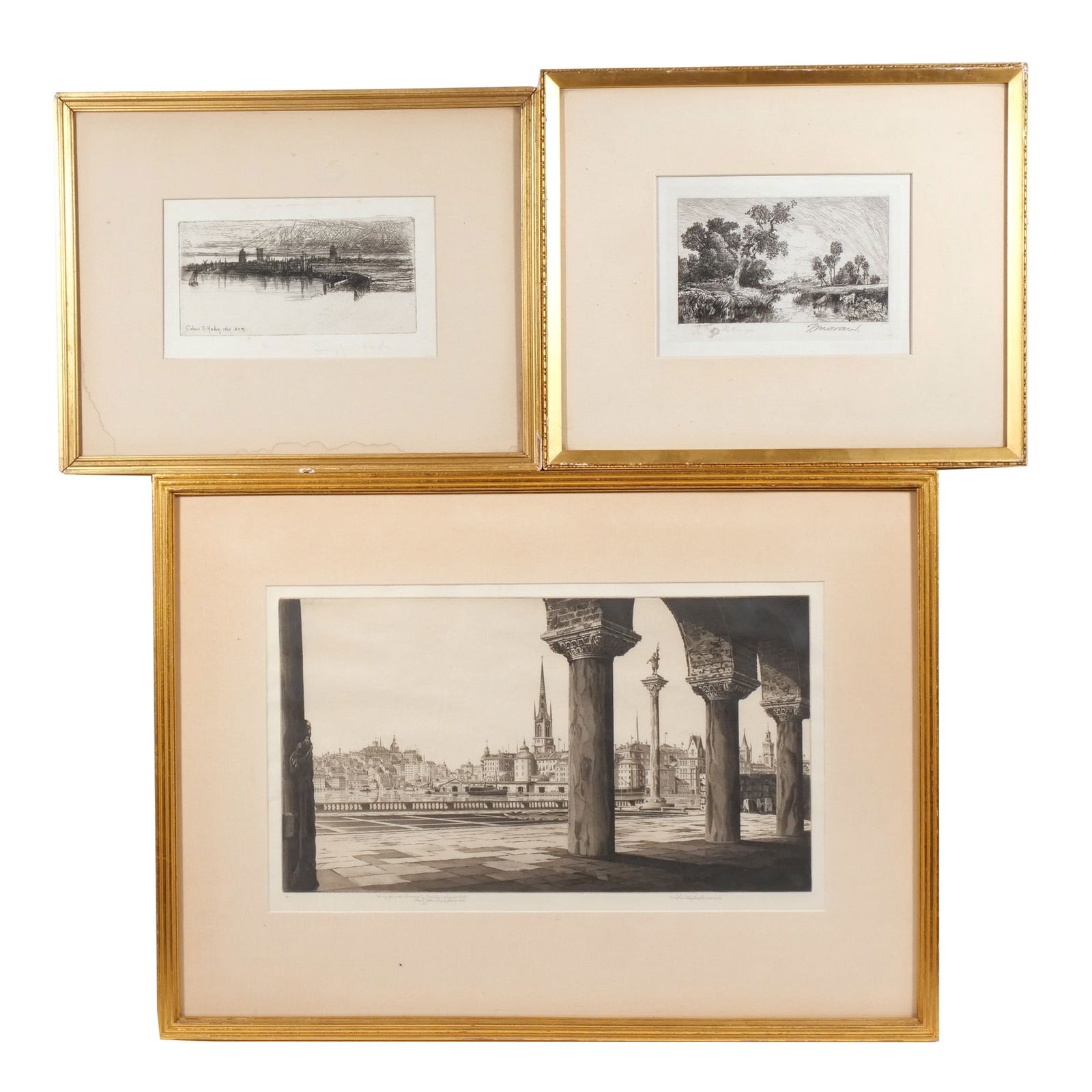 (3pc) EARLY ETCHINGS & DRYPOINTS: John Taylor Arms titled Stockholm, 7-1/2 x 13-1/2 in., dedicated to Gretchen Wunderlich; Seymour Hayden titled Calais, etching & drypoint, 3 x 6 in., inscribed LL signed LR; Thomas Moran titled The Or
