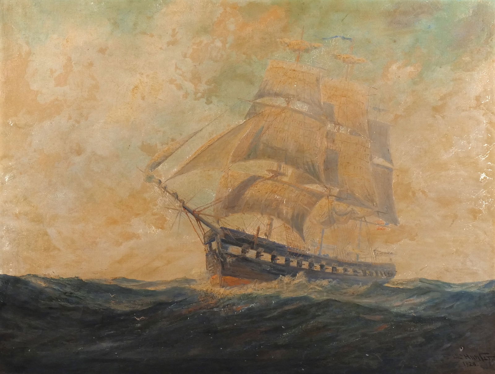 FREDERICK LEO HUNTER (American, 1858-1943): Sailing ship at sea Oil on canvas h. 31 w. 41 in. (sight) Three-masted ship at full sail, 1928, signed and dated lower right overall: 37 x 46 in. (frame) The artiest was active/lived in New York. Fred