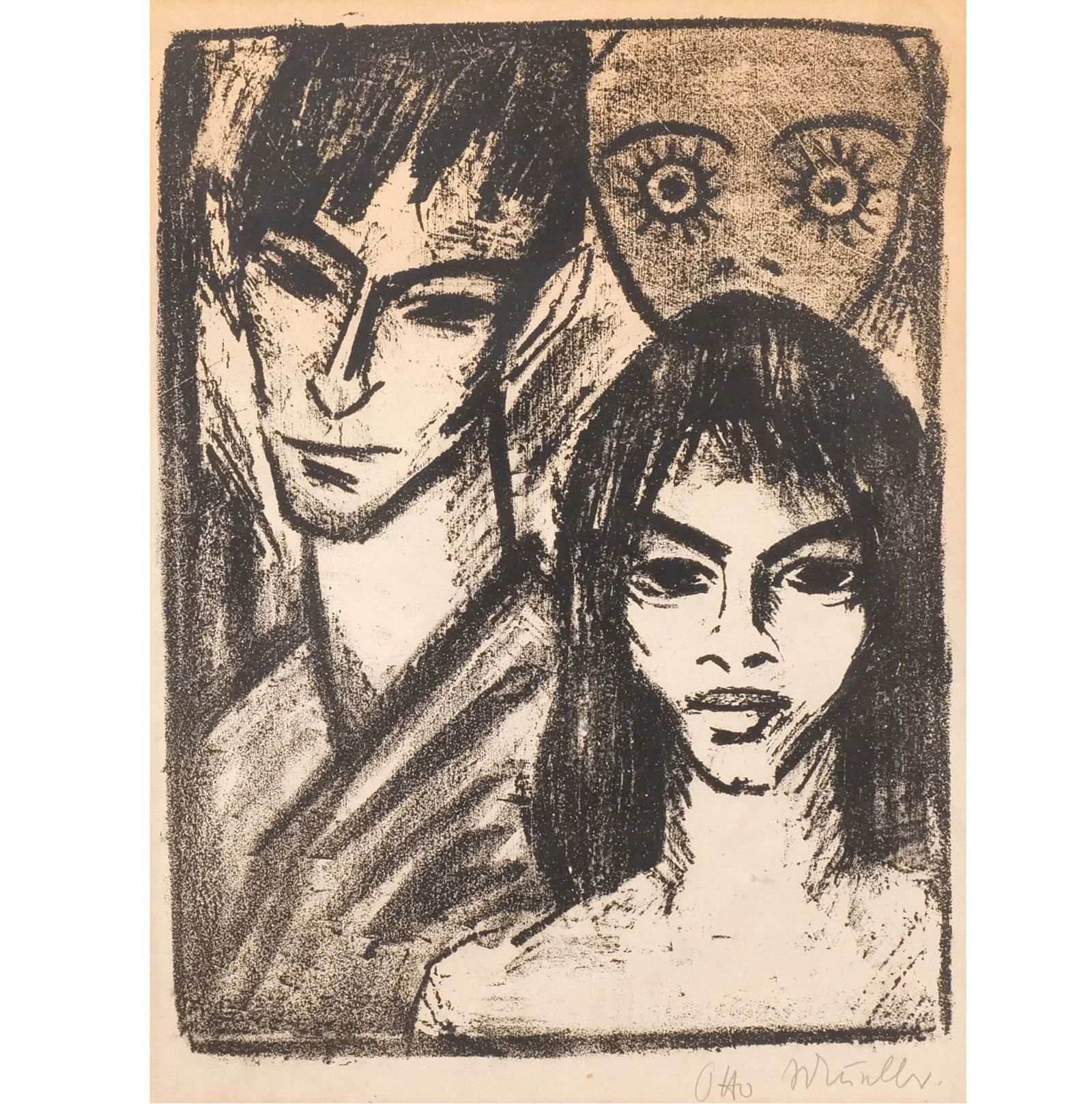 OTTO MUELLER (German, 1874-1930): Selbstbildnis mit Modell und Maske Lithograph h. 16 w. 12 in. (sight) Selbstbildnis mit Modell und Maske (Paar mit Maske), 1921-1922, pencil signed overall: 25-1/2 x 21 in. (frame) Provenance: Descend