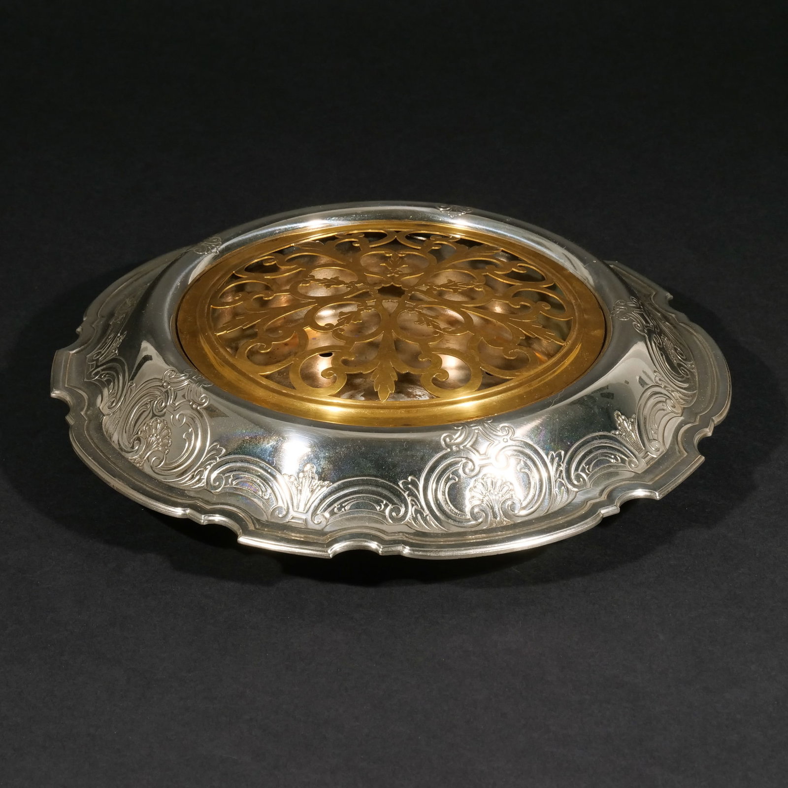 TIFFANY & Co. STERLING SILVER FLORAL CENTER BOWL: With marked brass gilt frog and original silver plated liner; weighable silver 31 ozt dia. 12-1/4 in. Provenance: Descended through the estates of a New York Lady (Mt. Kisco & NYC)
