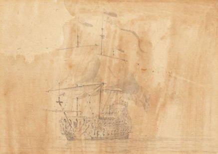 (ATTR) WILLEM VAN DE VELDE (THE YOUNGER): Sailing vessel Ink & wash on paper h. 4 w. 5-3/4 in. (sight) (Dutch, 1633-1707), no apparent signature, old jelly label on verso with identifying information overall: 18 x 12 in. (frame) Provenance: B