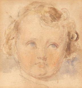 (ATTR) WILLIAM MULREADY (Irish, 1786-1863): Head of Child Watercolor on paper h. 2-3/8 w. 2-1/4 in. (sight) Unsigned, information from old label from previous frame attached on verso overall: 11-1/8 x 10-3/4 in. (frame) Provenance: By descent t