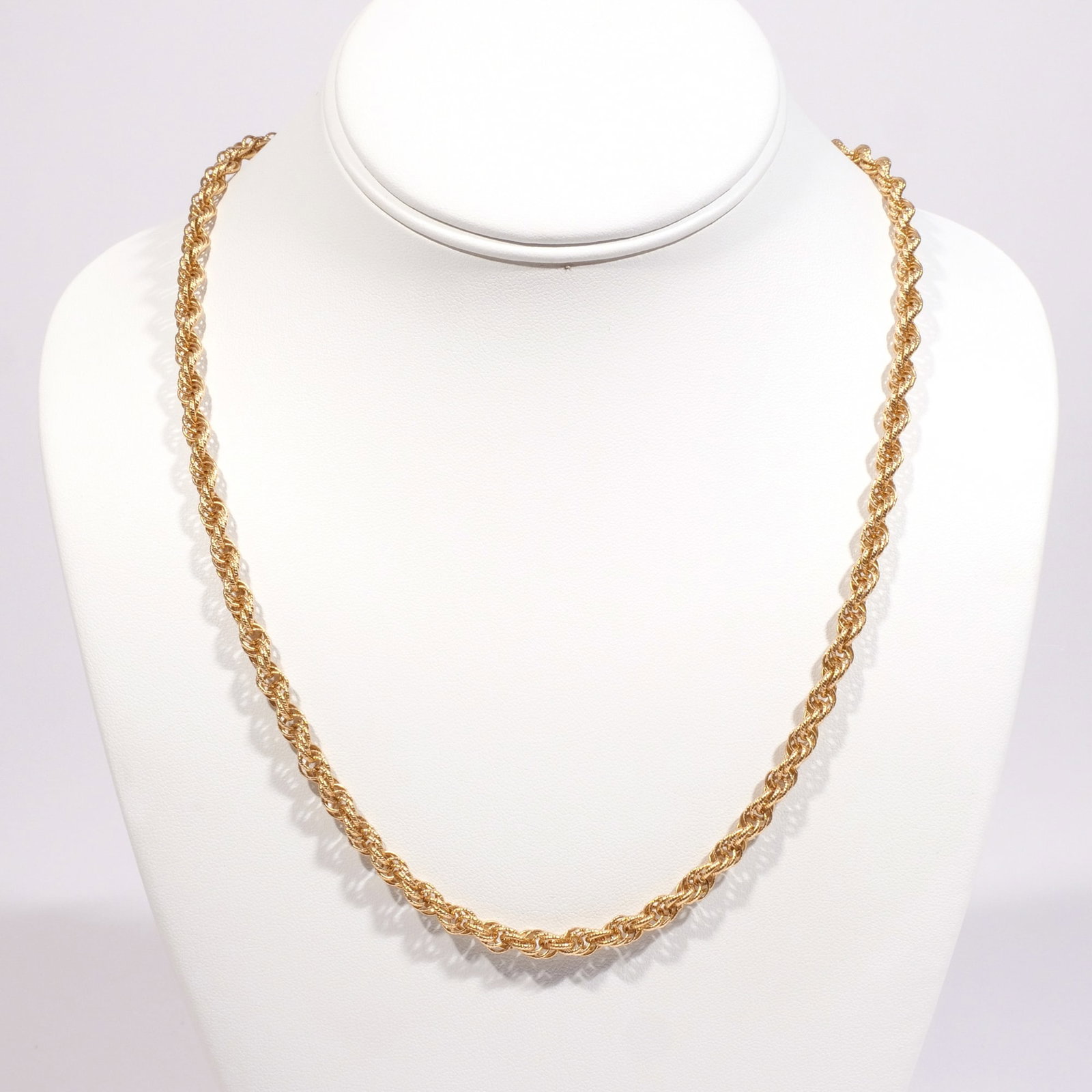 14k YELLOW GOLD ROPE NECKLACE: Rope form chain necklace, with fineness mark on clasp; 27 in., 39.8g Provenance: Descended through the estates of a New York Lady (Mt. Kisco & NYC)