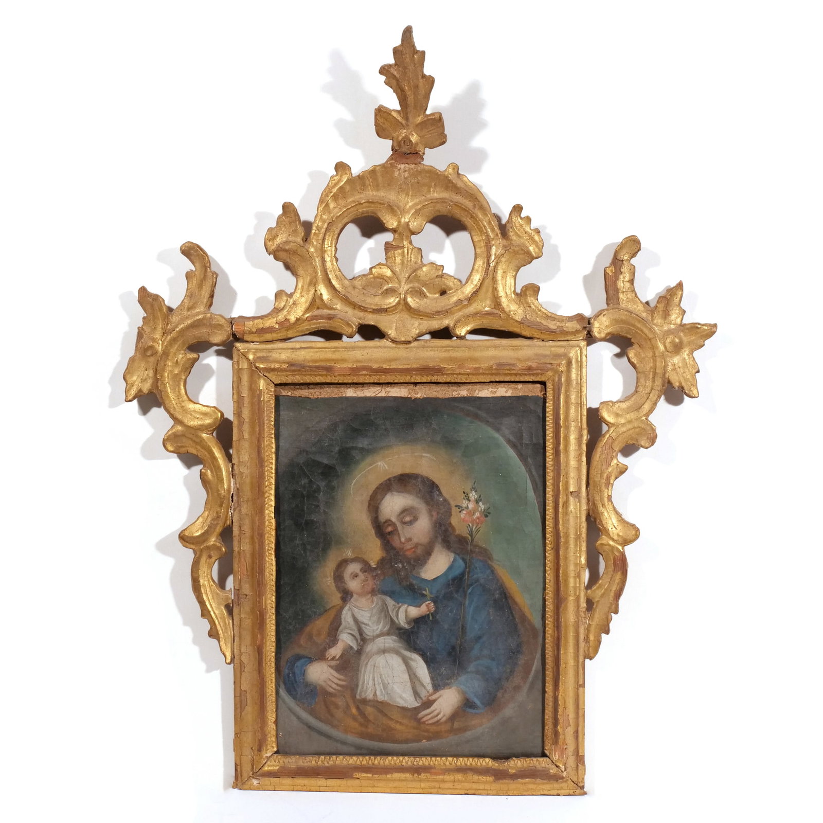 19th C. OR EARLIER CUZCO SCHOOL PAINTING: With period gilt frame h. 10 w. 8 in. overall: 21-1/2 x 17 in. (frame) Provenance: Descended through a prominent Upper East Side, NYC Estate [In Situ Item] This item will not be on display in our sale